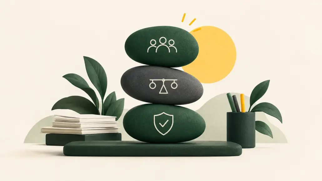 Abstract green and yellow editorial illustration for Workplace wellbeing starts with how work is organised